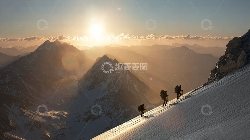 高清大图下载【趣麦麦图】登山者在雪山日出时攀登