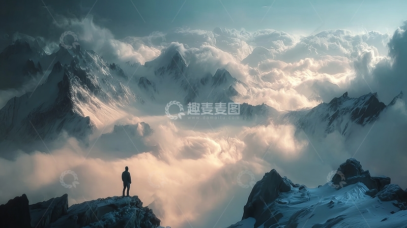 高清大图下载【趣麦麦图】一人站在雪山之巅俯瞰云海