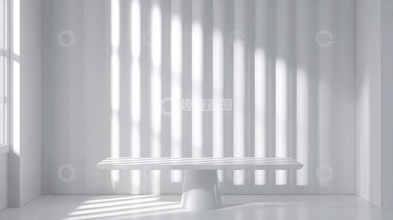 高清大图下载【趣麦麦图】白色房间内阳光透过百叶窗照射在桌子上的场景