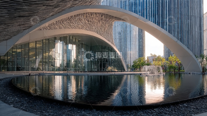 高清大图下载【趣麦麦图】现代建筑前的水景倒影