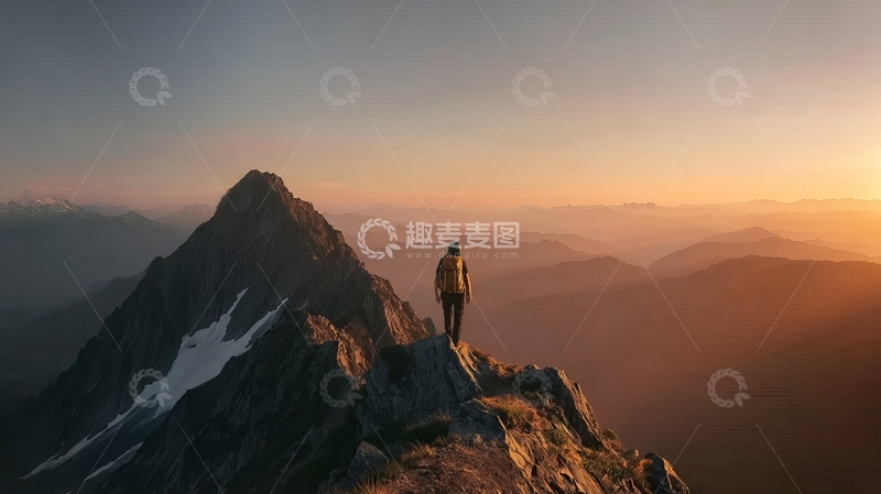 高清大图下载【趣麦麦图】一人站在山顶眺望日落