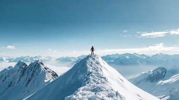 一人站在雪山顶峰眺望远方