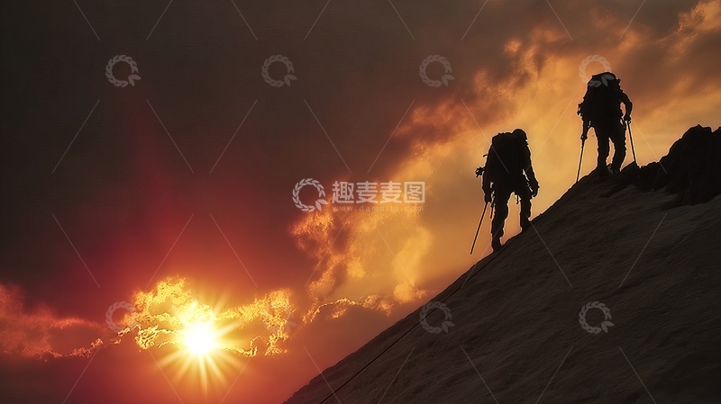 高清大图下载【趣麦麦图】登山者在日落时攀登雪山