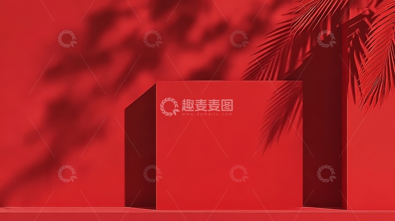 高清大图下载【趣麦麦图】红色背景上的立方体与棕榈叶阴影