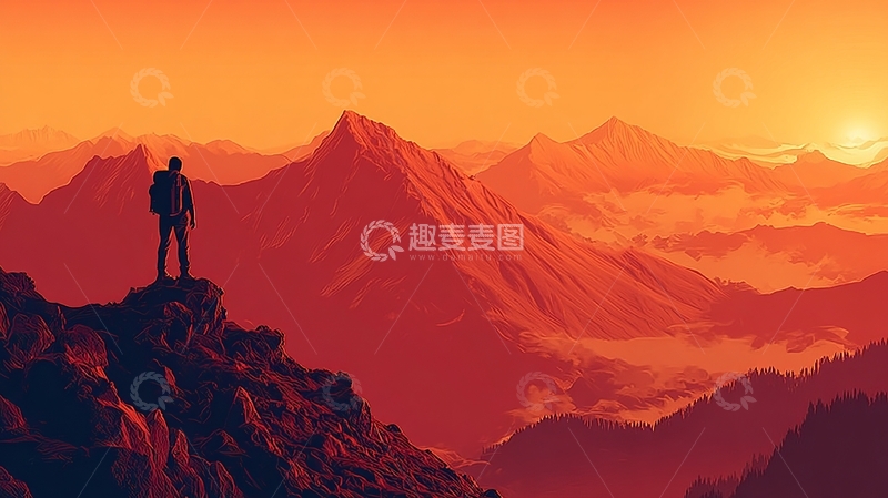 高清大图下载【趣麦麦图】登山者站在山顶眺望日落