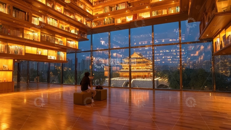 高清大图下载【趣麦麦图】室内图书馆内有人静坐望向窗外古塔