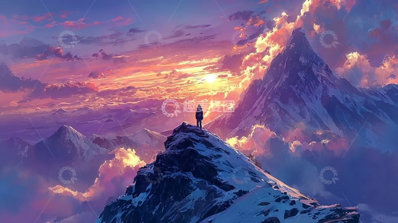 高清大图下载【趣麦麦图】一人站在雪山之巅眺望日落