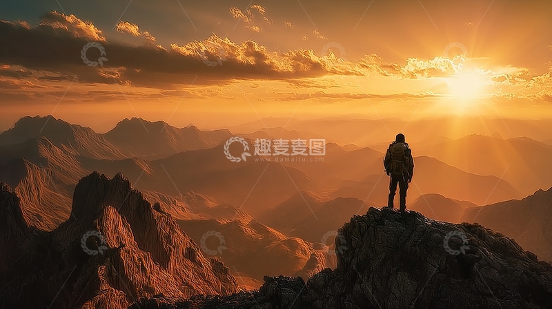 高清大图下载【趣麦麦图】登山者站在山顶眺望日落