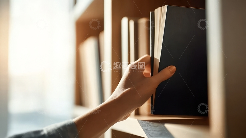 高清大图下载【趣麦麦图】手从书架上取下一本黑色书籍