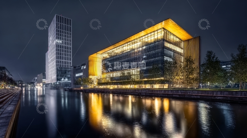高清大图下载【趣麦麦图】夜晚城市建筑倒映在水面上