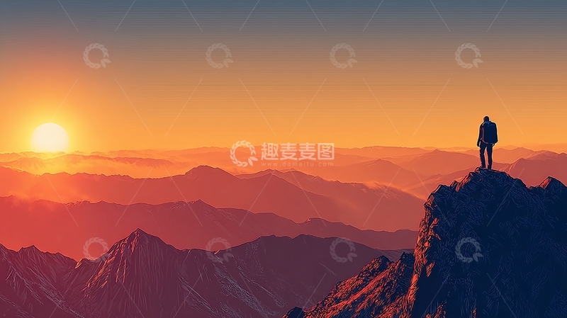 高清大图下载【趣麦麦图】一人站在山顶眺望日落