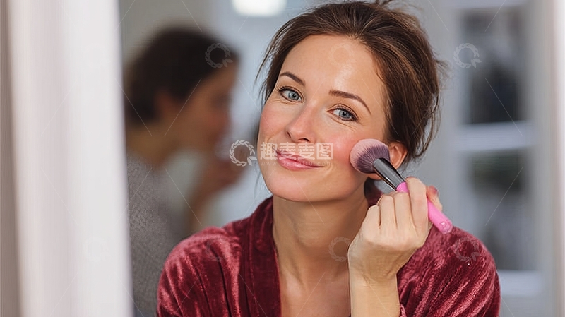 高清大图下载【趣麦麦图】女性在镜子前使用化妆刷涂抹腮红