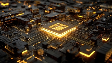 发光的电路板芯片特写