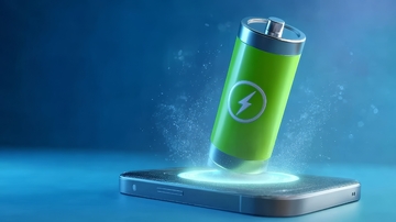 绿色电池悬浮在手机上方充电