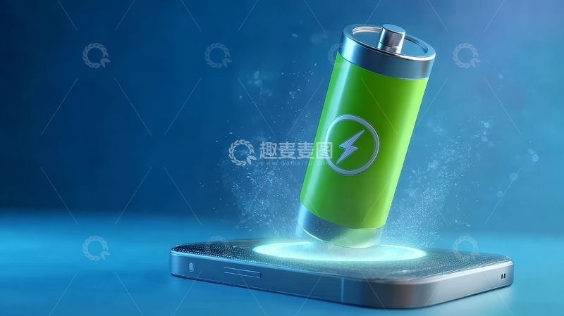 高清大图下载【趣麦麦图】绿色电池悬浮在手机上方充电
