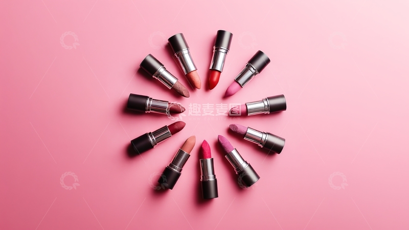 高清大图下载【趣麦麦图】粉色背景上的口红排列成圆形