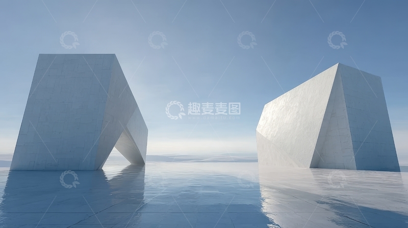 高清大图下载【趣麦麦图】两座白色几何建筑矗立在水面