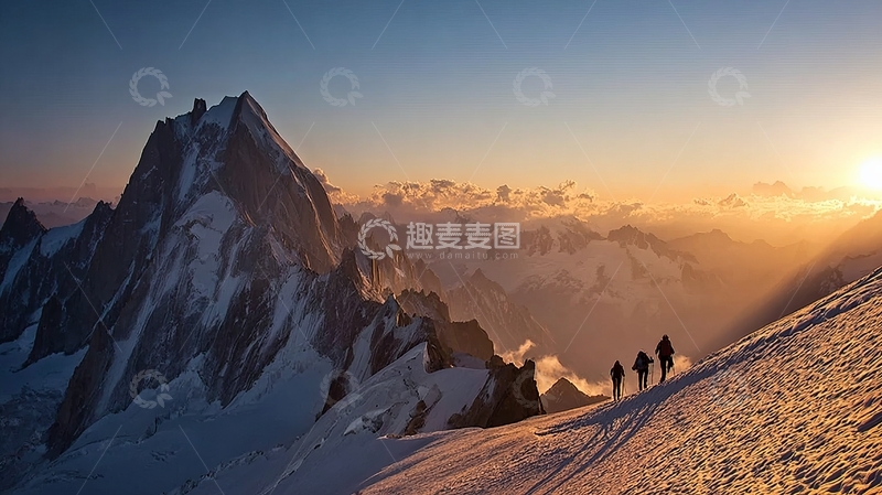高清大图下载【趣麦麦图】登山者在雪山日出时攀登