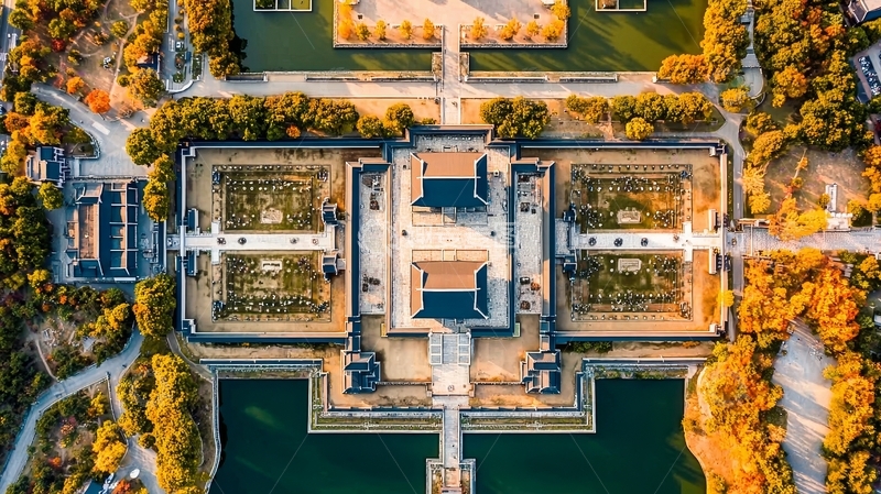 高清大图下载【趣麦麦图】俯瞰古建筑群与秋色园林