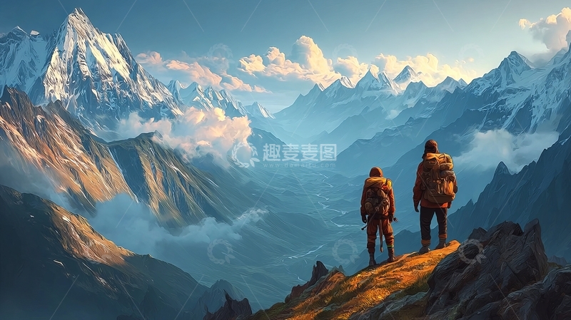 高清大图下载【趣麦麦图】两人站在山巅眺望雪山群峰