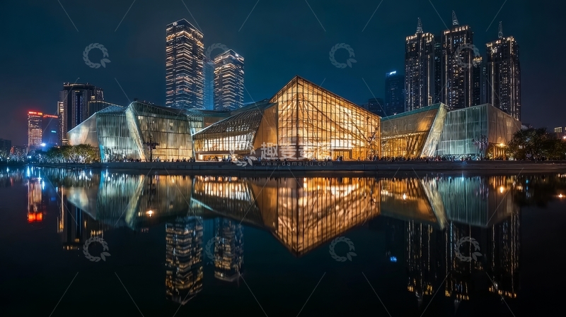 高清大图下载【趣麦麦图】夜晚城市建筑倒影在水面