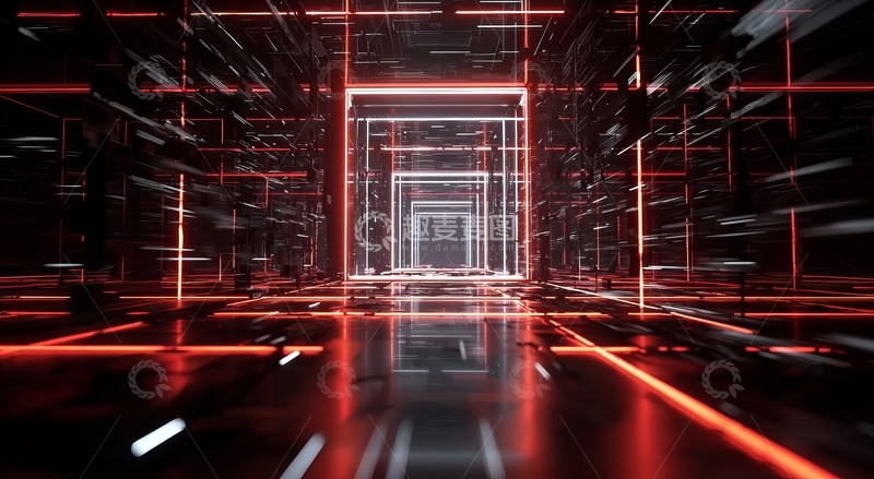 高清大图下载【趣麦麦图】红色光线构成的未来科技隧道