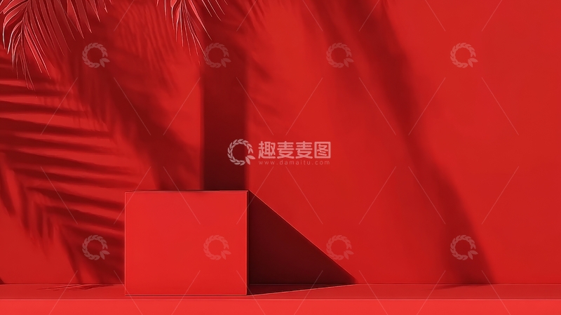 高清大图下载【趣麦麦图】红色背景上的立方体与棕榈叶影