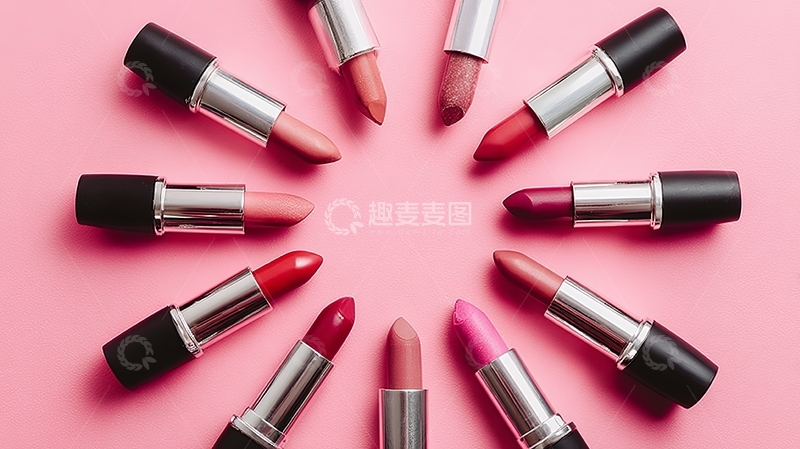 高清大图下载【趣麦麦图】多支口红呈圆形排列在粉色背景上