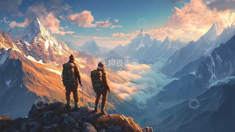 高清大图下载【趣麦麦图】两人站在山巅眺望雪山云海