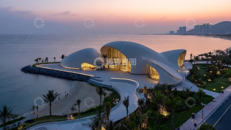 高清大图下载【趣麦麦图】海滨现代建筑在黄昏时分