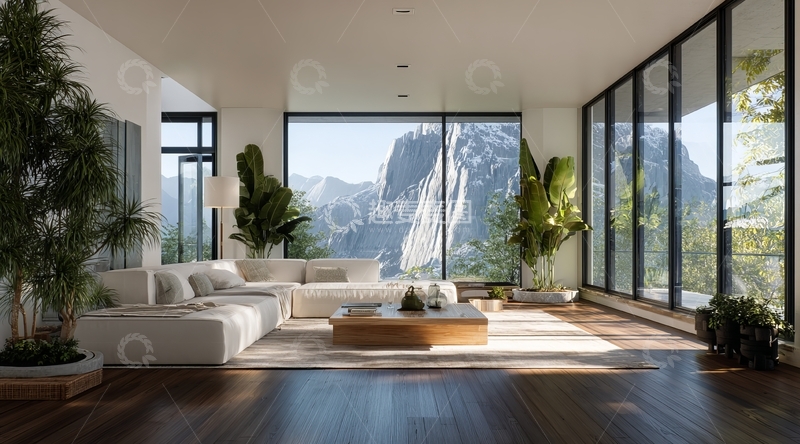 高清大图下载【趣麦麦图】现代客厅全景落地窗山景