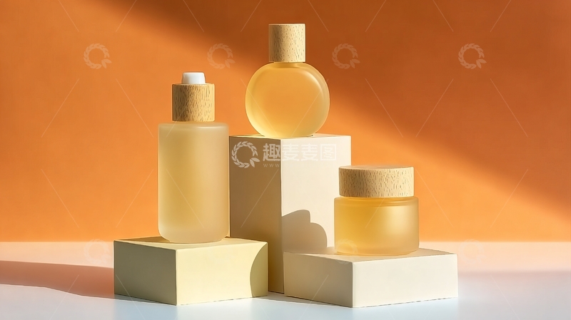 高清大图下载【趣麦麦图】橙色背景下展示的三款透明瓶装护肤品