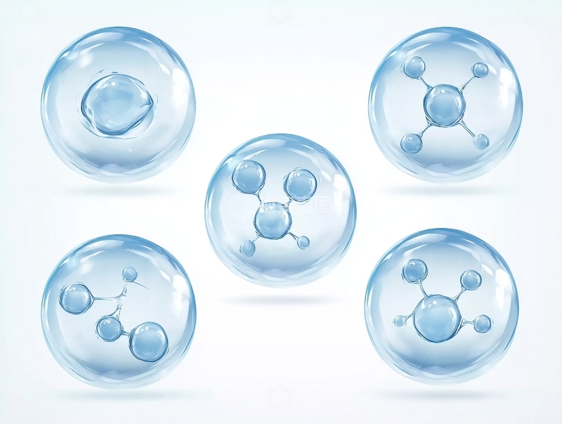 高清大图下载【趣麦麦图】五个透明蓝色分子结构球体在白色背景上展示