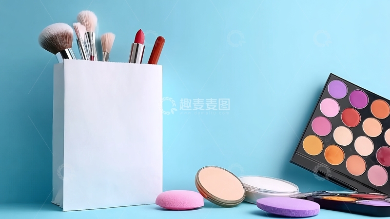 高清大图下载【趣麦麦图】化妆刷与彩妆盘在蓝色背景上的静物展示