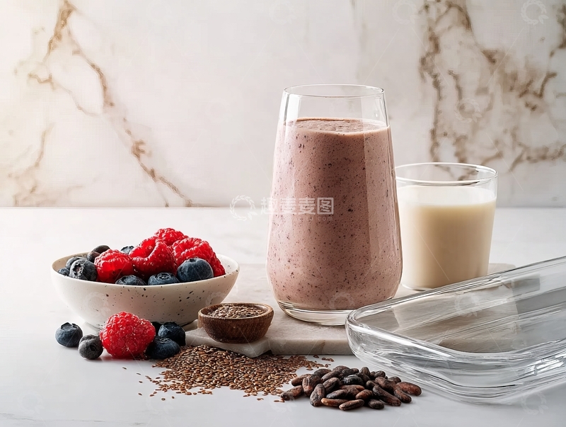 高清大图下载【趣麦麦图】一杯奶昔搭配新鲜浆果和坚果摆放在大理石背景前