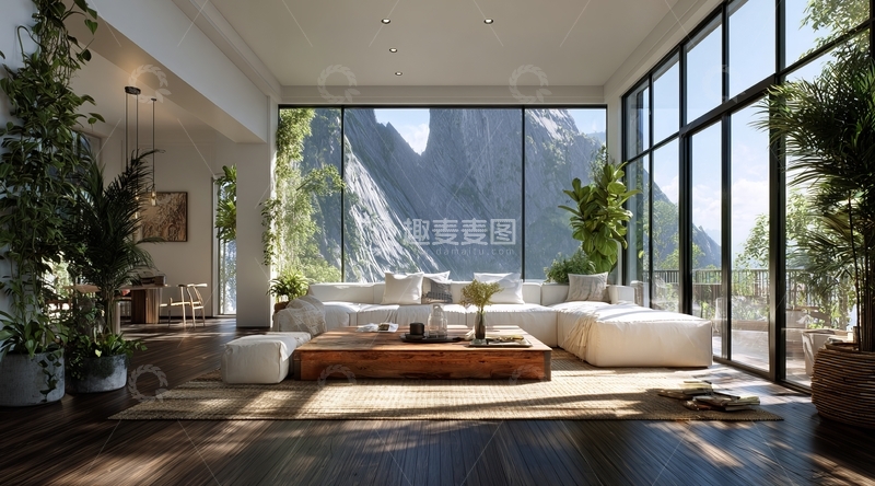 高清大图下载【趣麦麦图】现代客厅全景落地窗山景