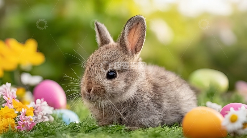 高清大图下载【趣麦麦图】复活节小兔子在花丛和彩蛋间