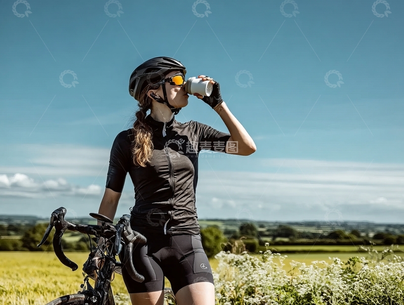 高清大图下载【趣麦麦图】骑行者在田野间休息喝水
