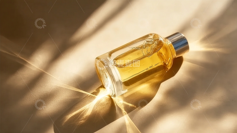 高清大图下载【趣麦麦图】金色液体香水瓶在光影下的优雅特写