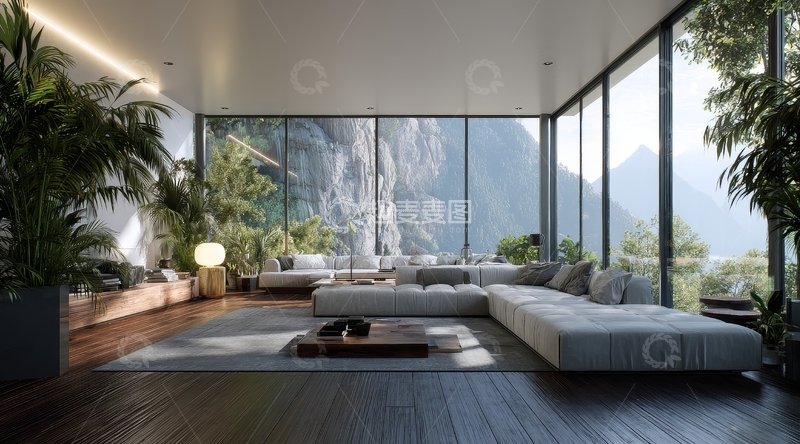 高清大图下载【趣麦麦图】现代客厅全景落地窗山景