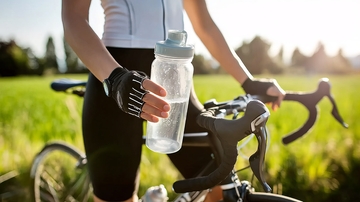 骑行者手持水瓶握着自行车车把