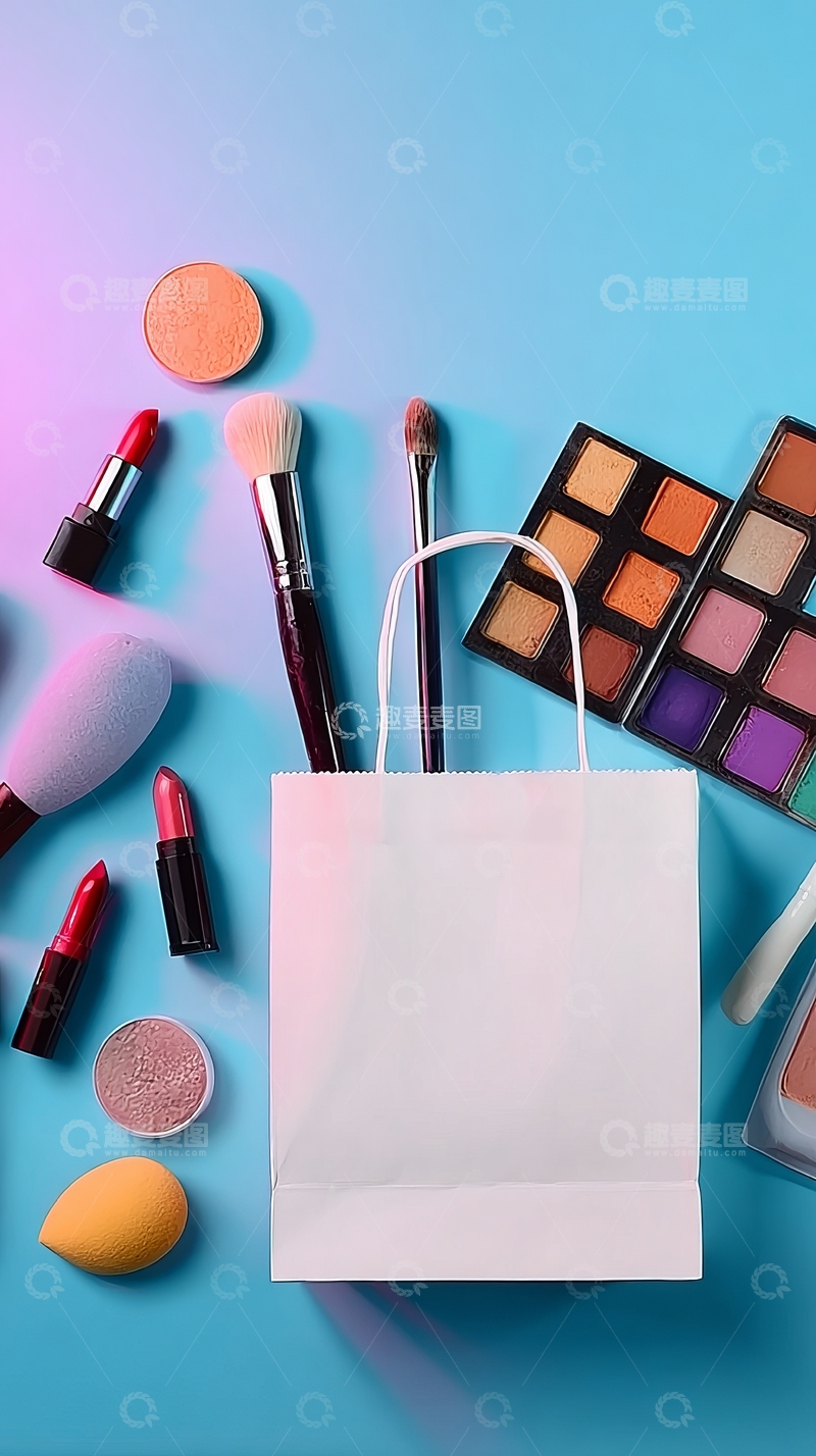 高清大图下载【趣麦麦图】蓝色背景上的化妆刷、口红和彩妆盘等美妆产品