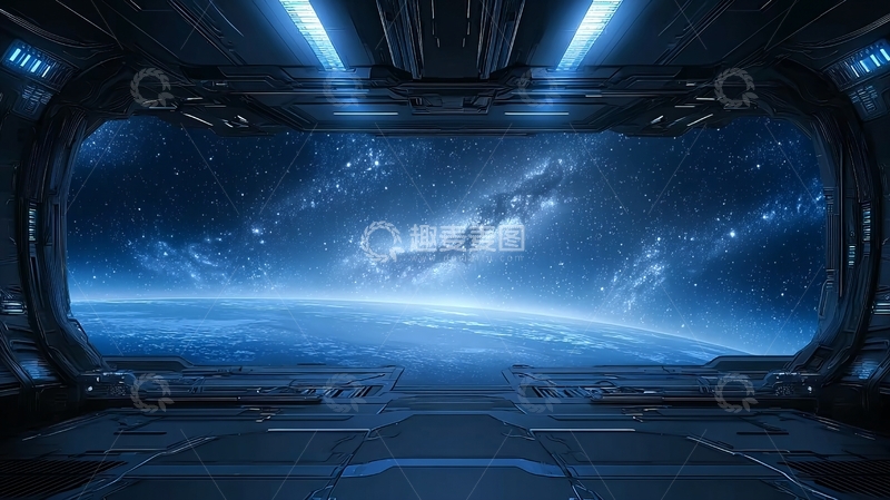 高清大图下载【趣麦麦图】太空飞船内部望向星河与地球