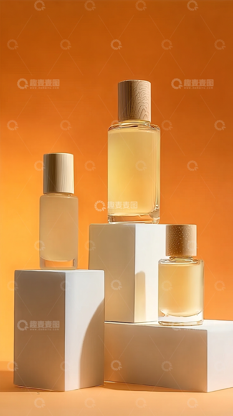 高清大图下载【趣麦麦图】三款香水瓶陈列于白色阶梯上背景为橙色