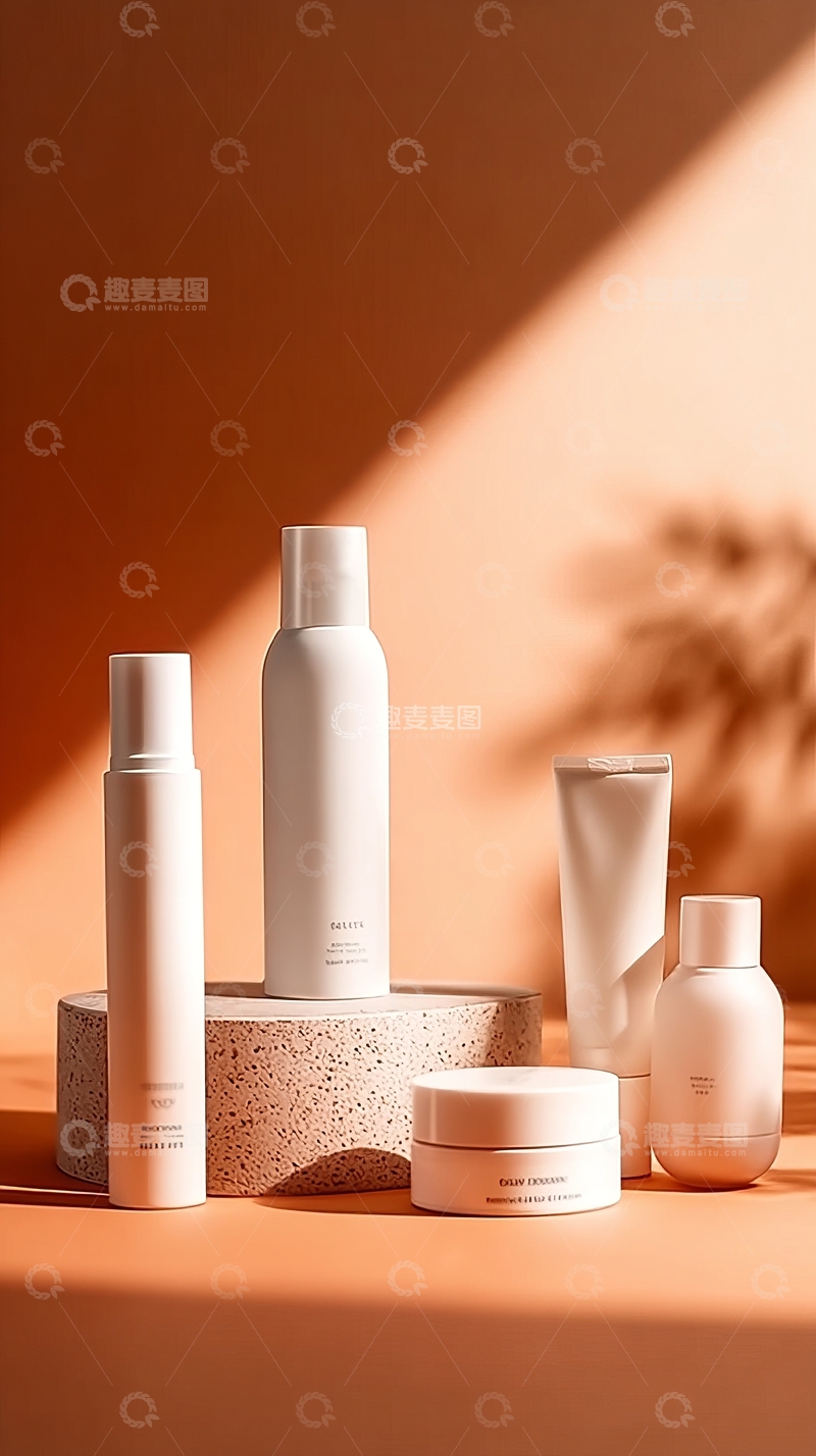 高清大图下载【趣麦麦图】一组白色护肤品在温暖光线下的静物展示