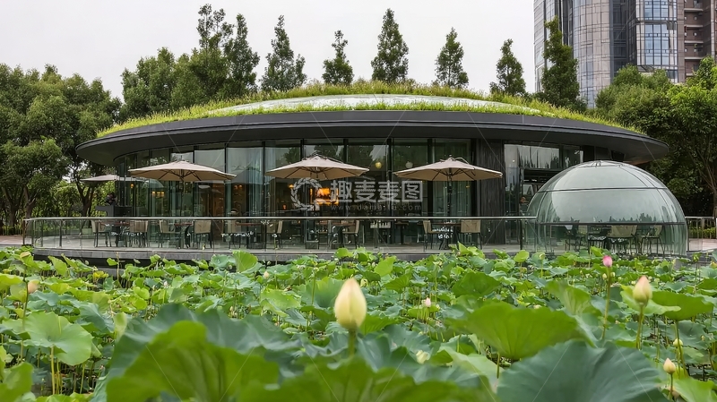高清大图下载【趣麦麦图】绿色屋顶建筑旁的荷花池