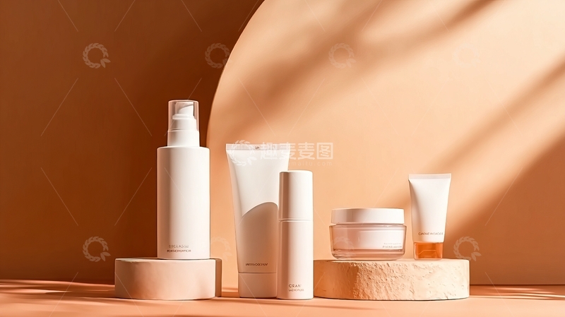 高清大图下载【趣麦麦图】柔和光影下的白色护肤品套装展示
