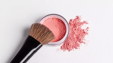 粉色腮红粉与化妆刷特写展示