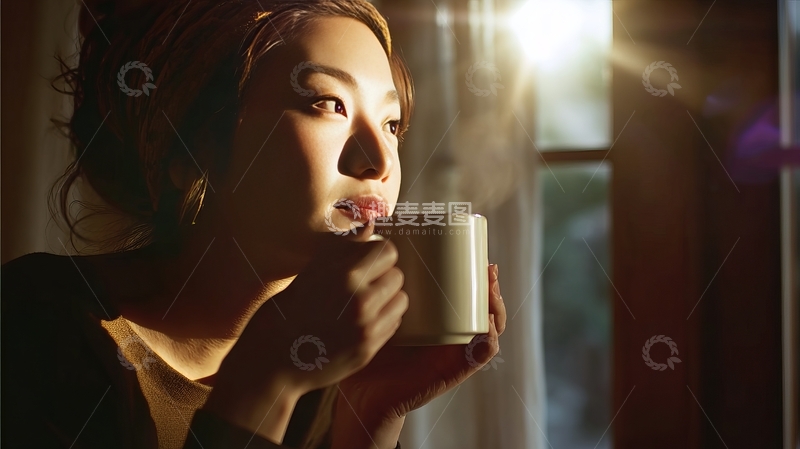 高清大图下载【趣麦麦图】女子手持热饮凝视窗外阳光