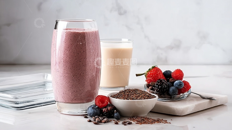 高清大图下载【趣麦麦图】一杯粉色浆果奶昔搭配坚果和新鲜水果